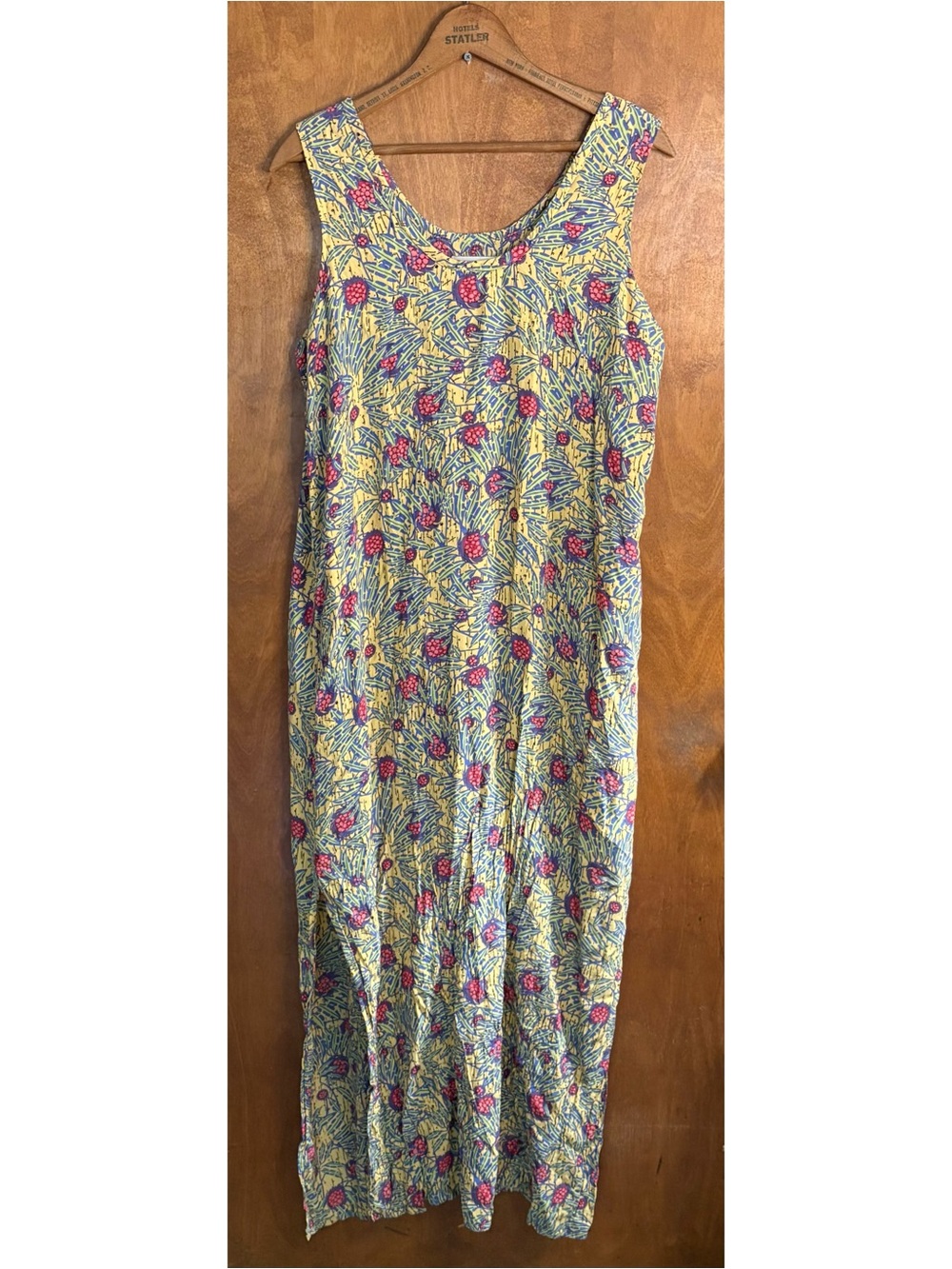 Flax Jeanne Engelhart Vintage Rayon Yellow Floral Sleeveless Maxi Dress 90s Y2K